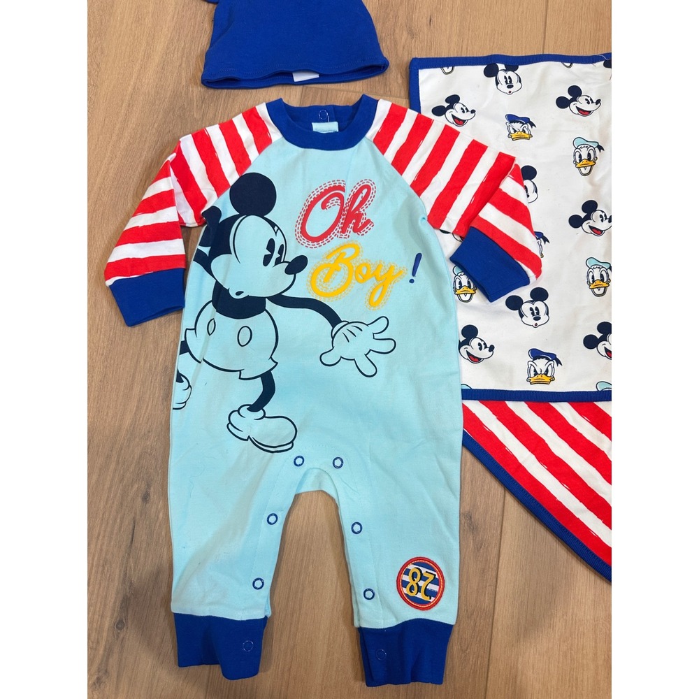 Disney Baby Boy Mickey Mouse Romper Hat and burp cloth Set 3-6 Months Blue Red - Picture 2 of 10